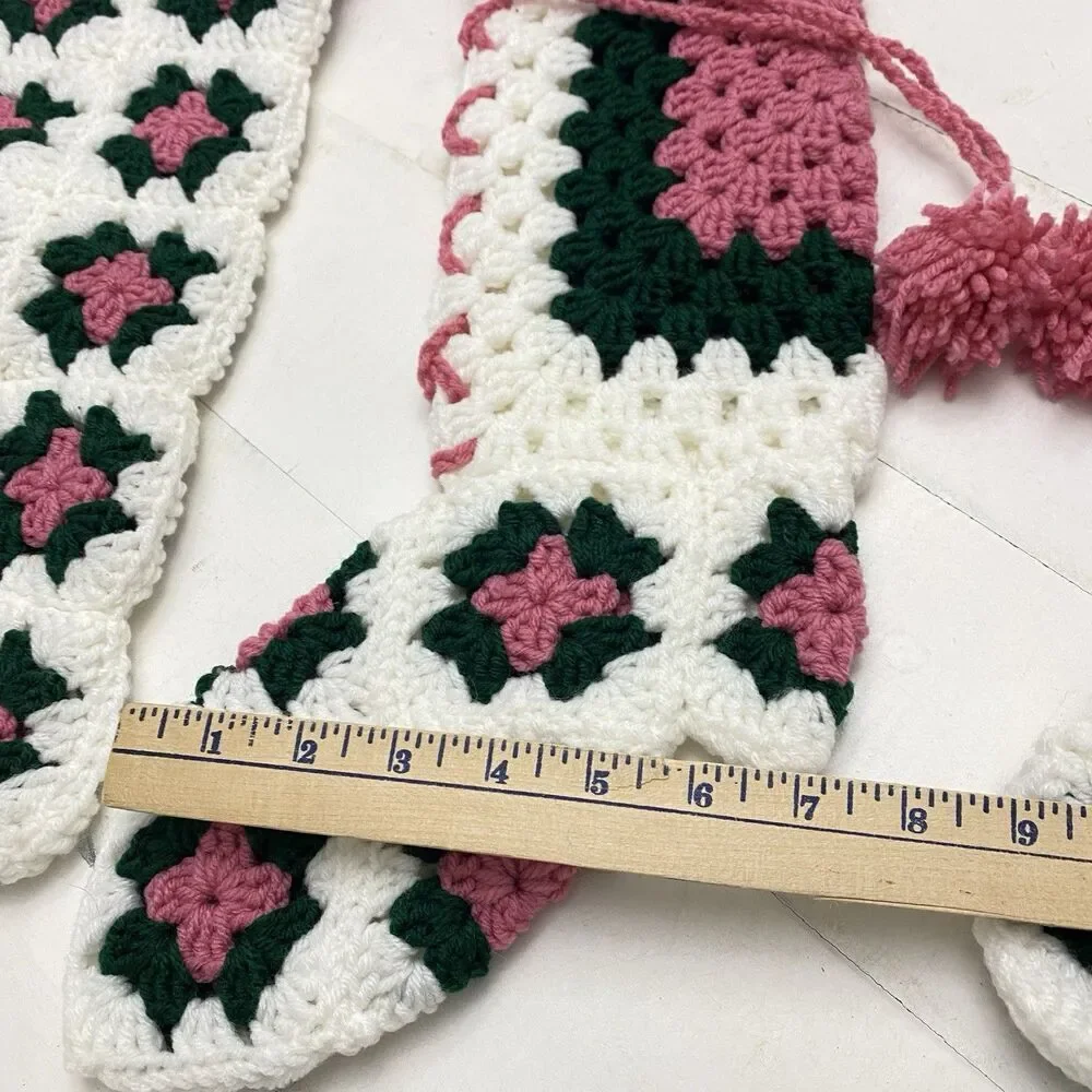 Vtg Handmade Lot of 3 Crochet Granny Square Christmas Stockings Green Pink White